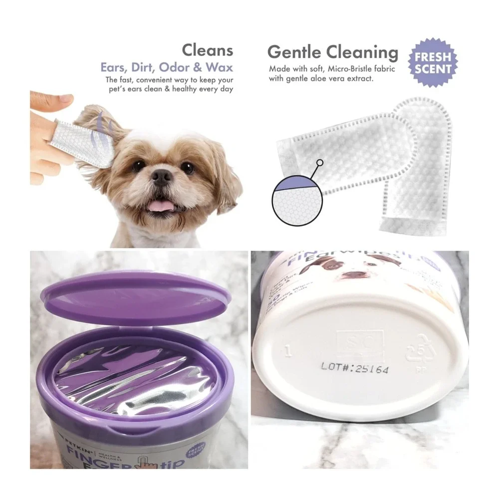 Petkin Fingertip Ear Wipes for‎ Dogs and Cats, 50 Finger Wipes Fresh Scent